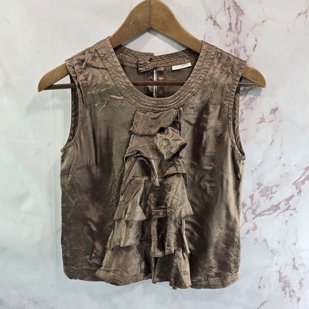 Anthropologie Tank Top Womens XS Brown Satin Ruffle Odille Crop Renaissance
